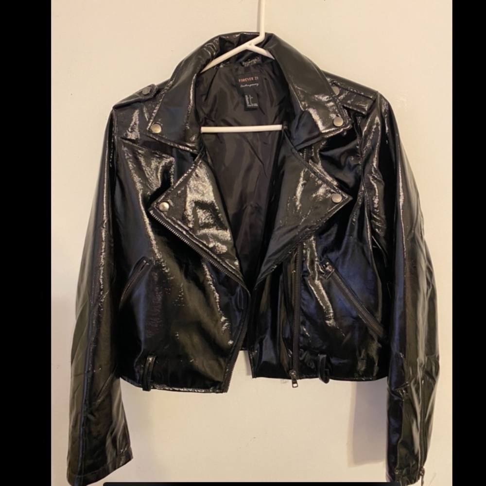 Faux patent leather moto jacket